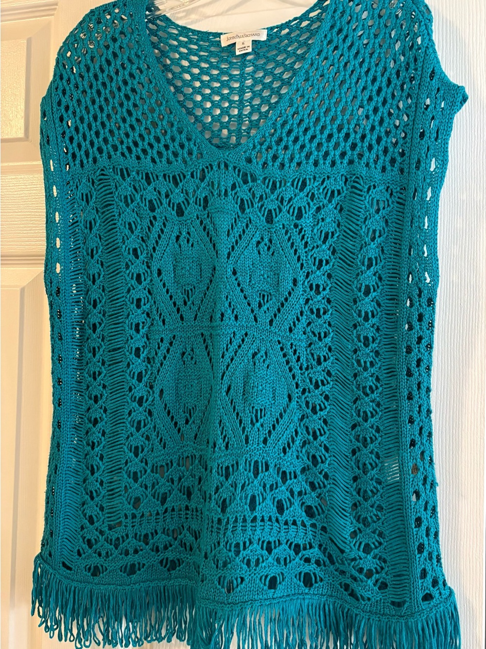 John Paul Richard Teal Crochet Top/cover-up fringe hem women’s size large
